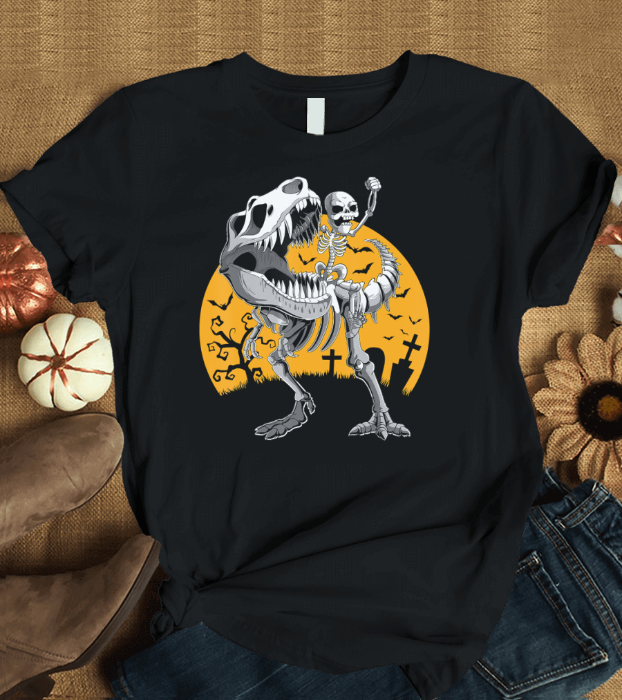 Cool Halloween Skeleton and Rex Dinosaur with Graveyard Bats T-Shirt