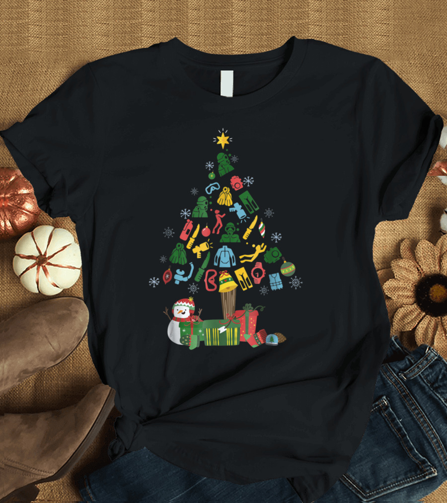Scuba Diving Gear Christmas Tree with Snowman and Gifts T-Shirt