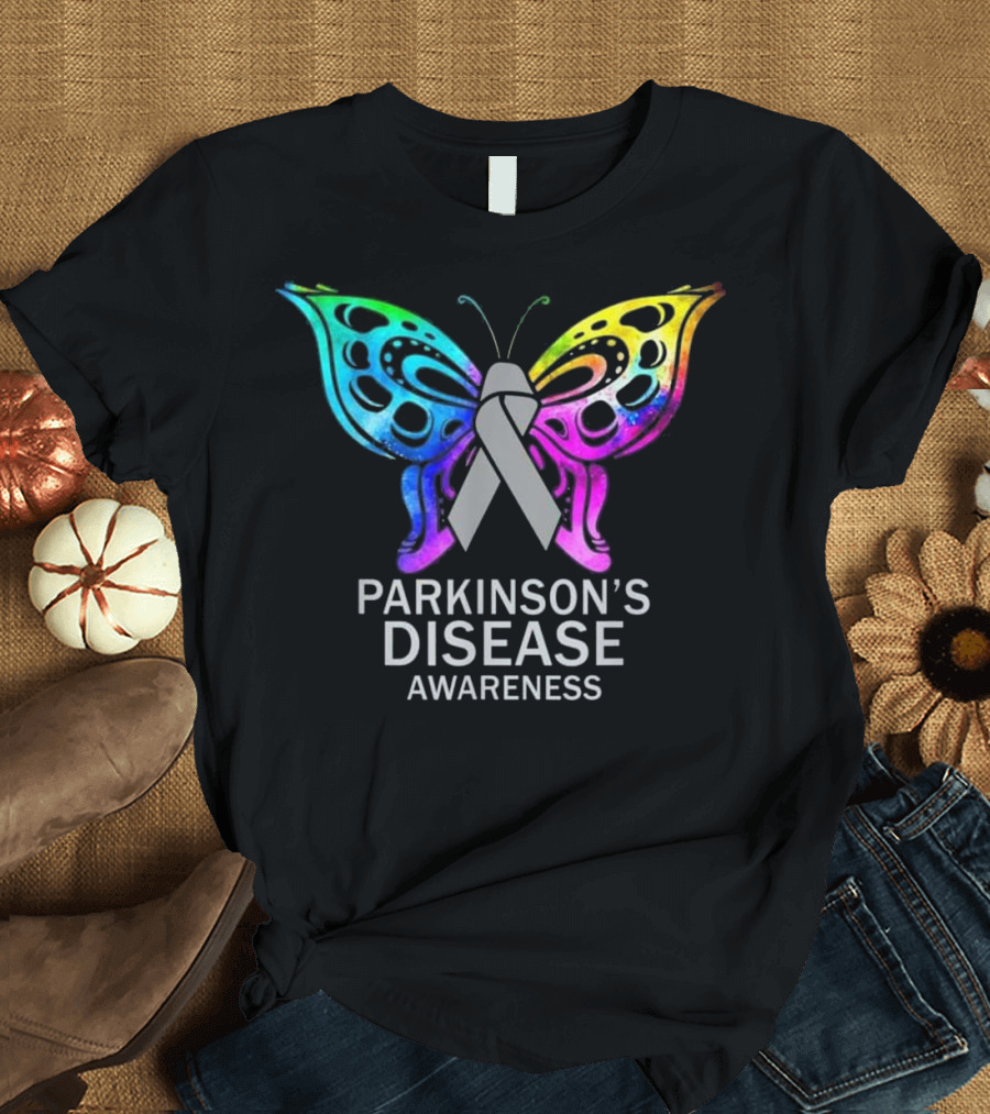 Parkinson's Disease Awareness Butterfly Ribbon Multicolored T-Shirt