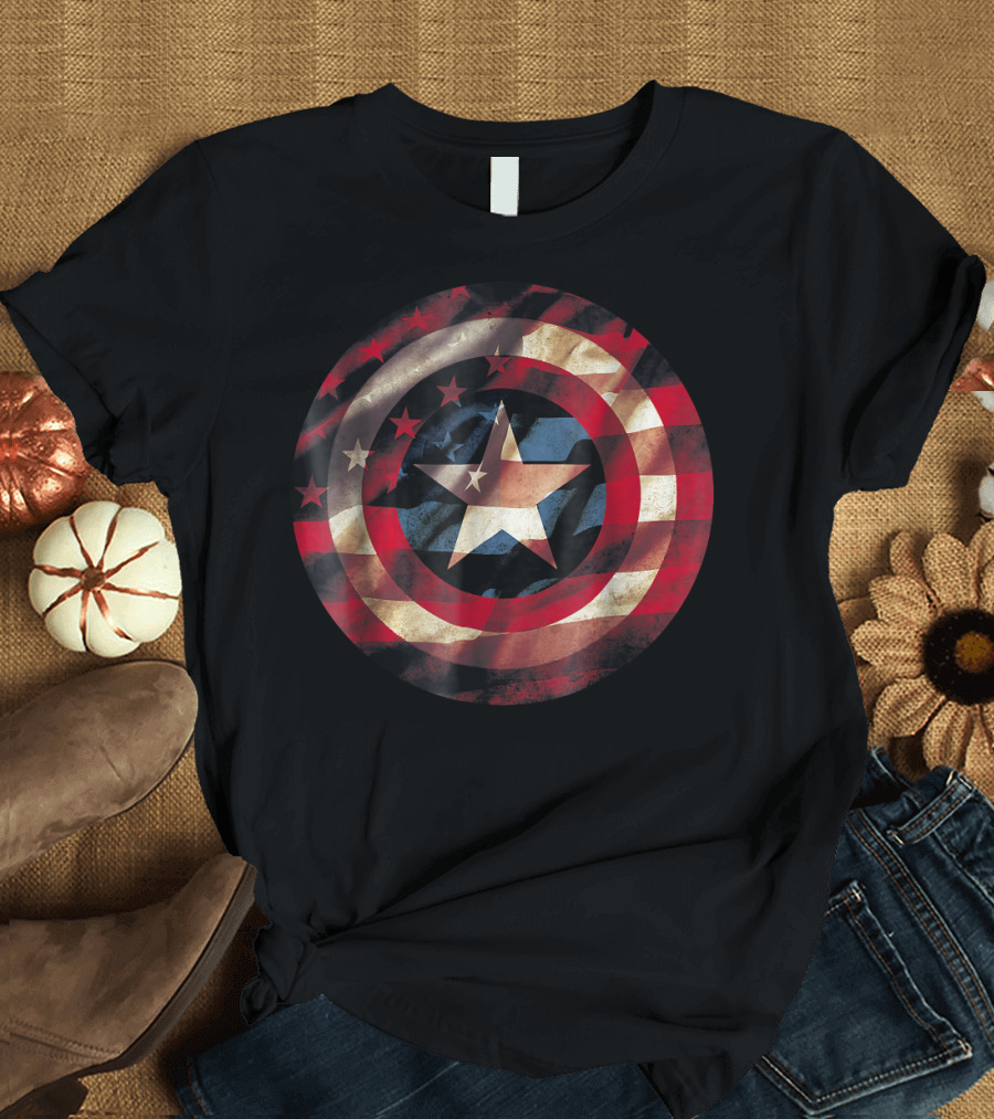 Captain America Avengers Shield Stars and Stripes Flag Marvel T-Shirt