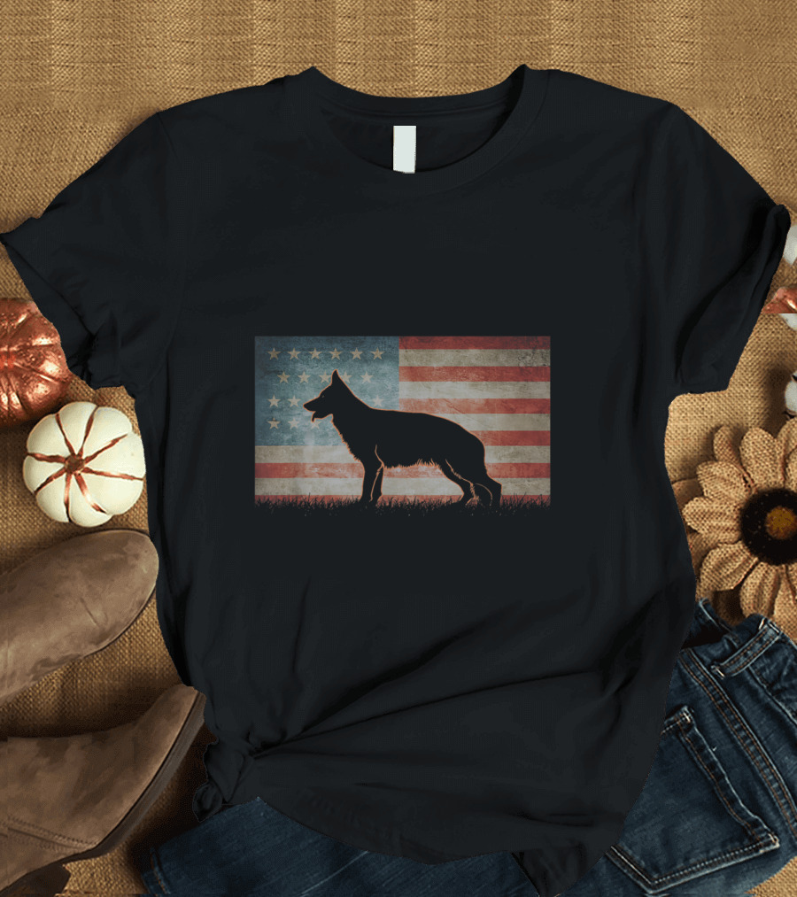 Vintage USA German Shepherd Dog Silhouette American Flag T-Shirt