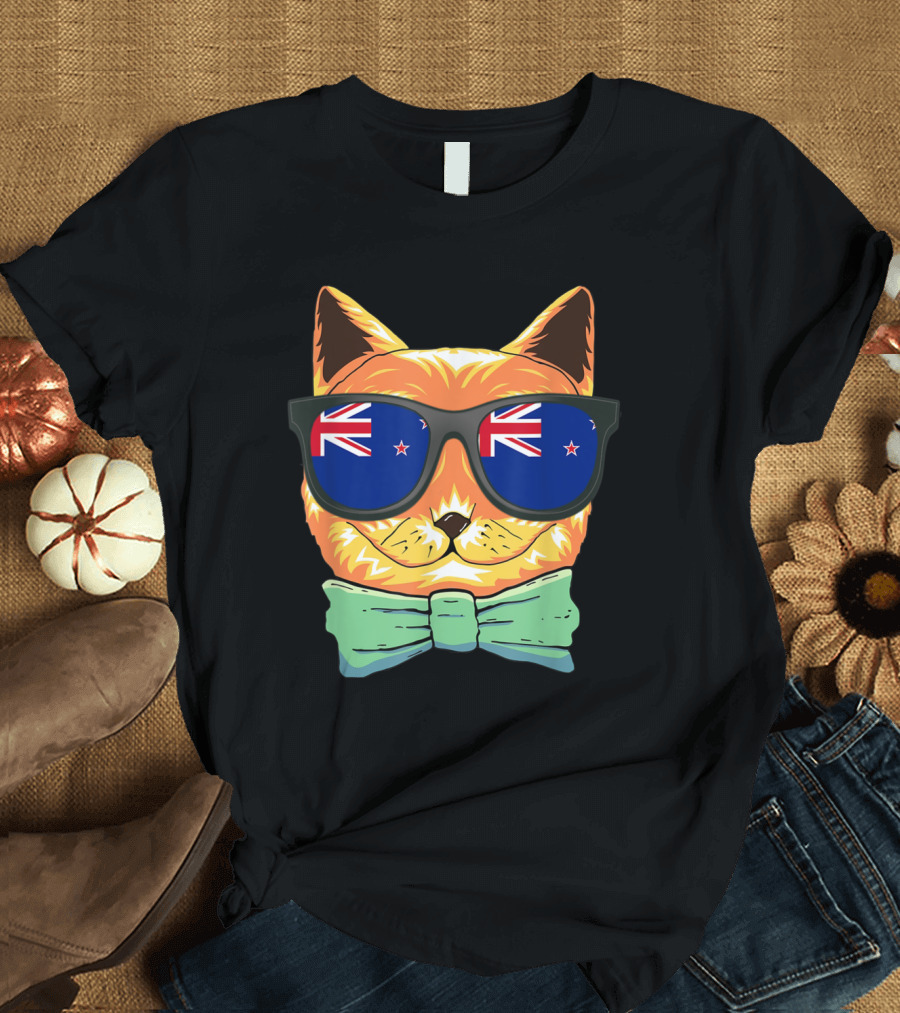 New Zealand Flag Sunglasses on Cat with Bow Tie T-Shirt