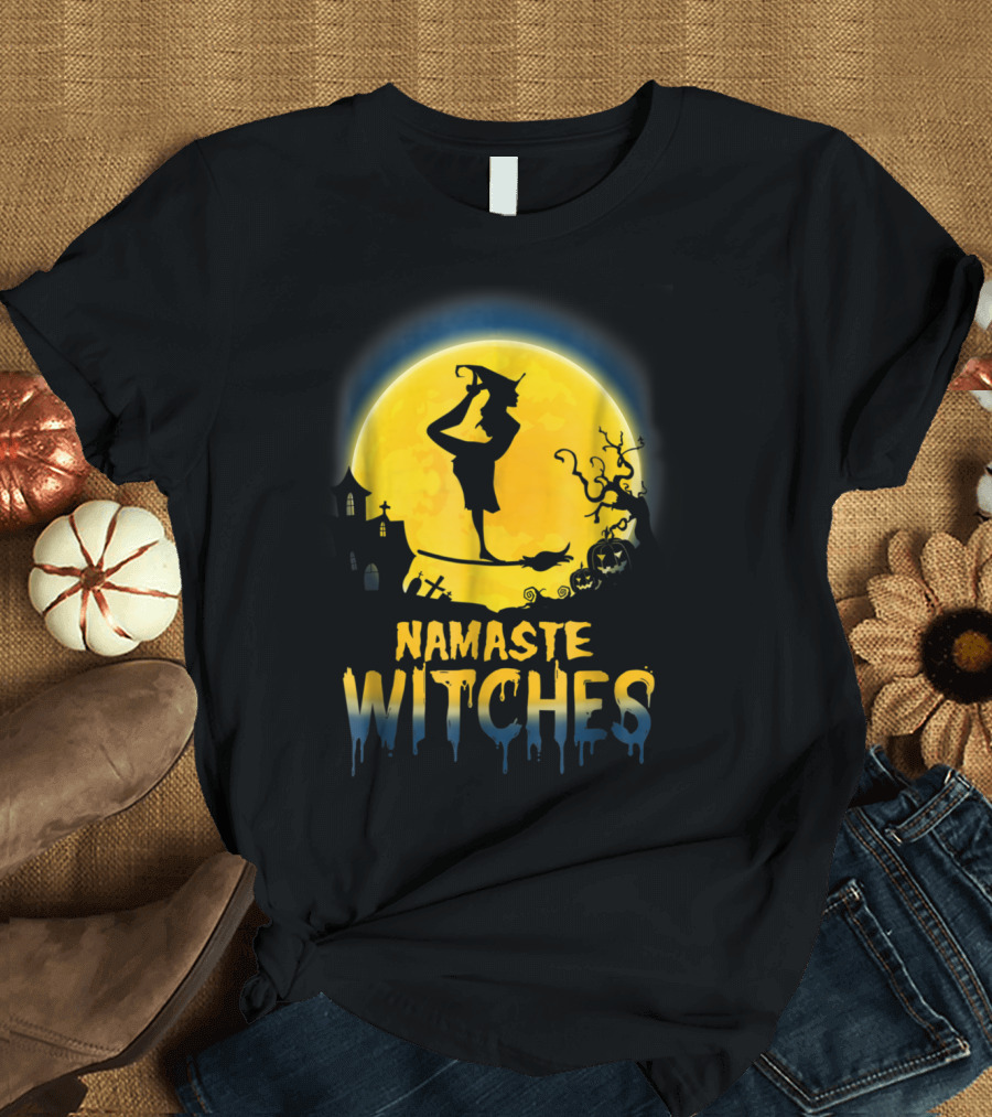 Namaste Witches Yoga Halloween Moon Scene T-Shirt