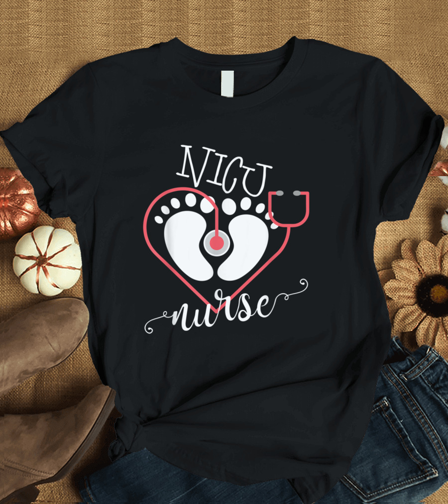 NICU Nurse Neonatal Footprints Stethoscope Heart T-Shirt