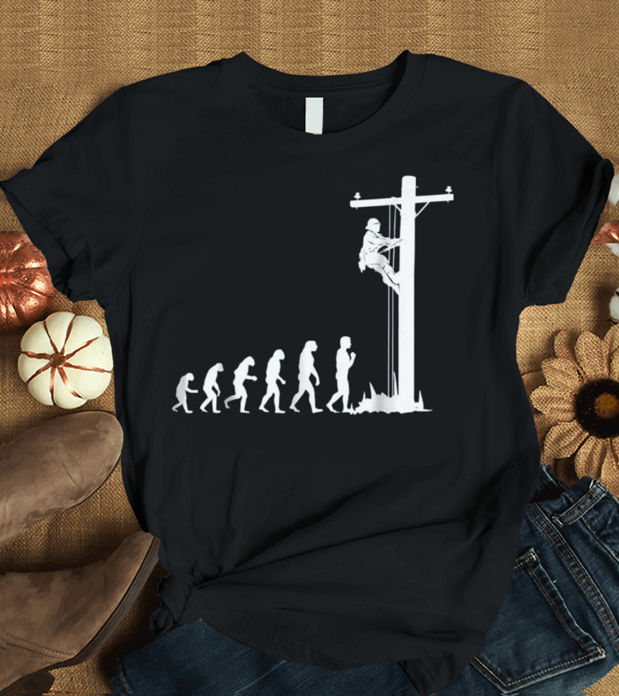 Cool Unique Evolution of Lineman Electrician on Power Pole T-Shirt