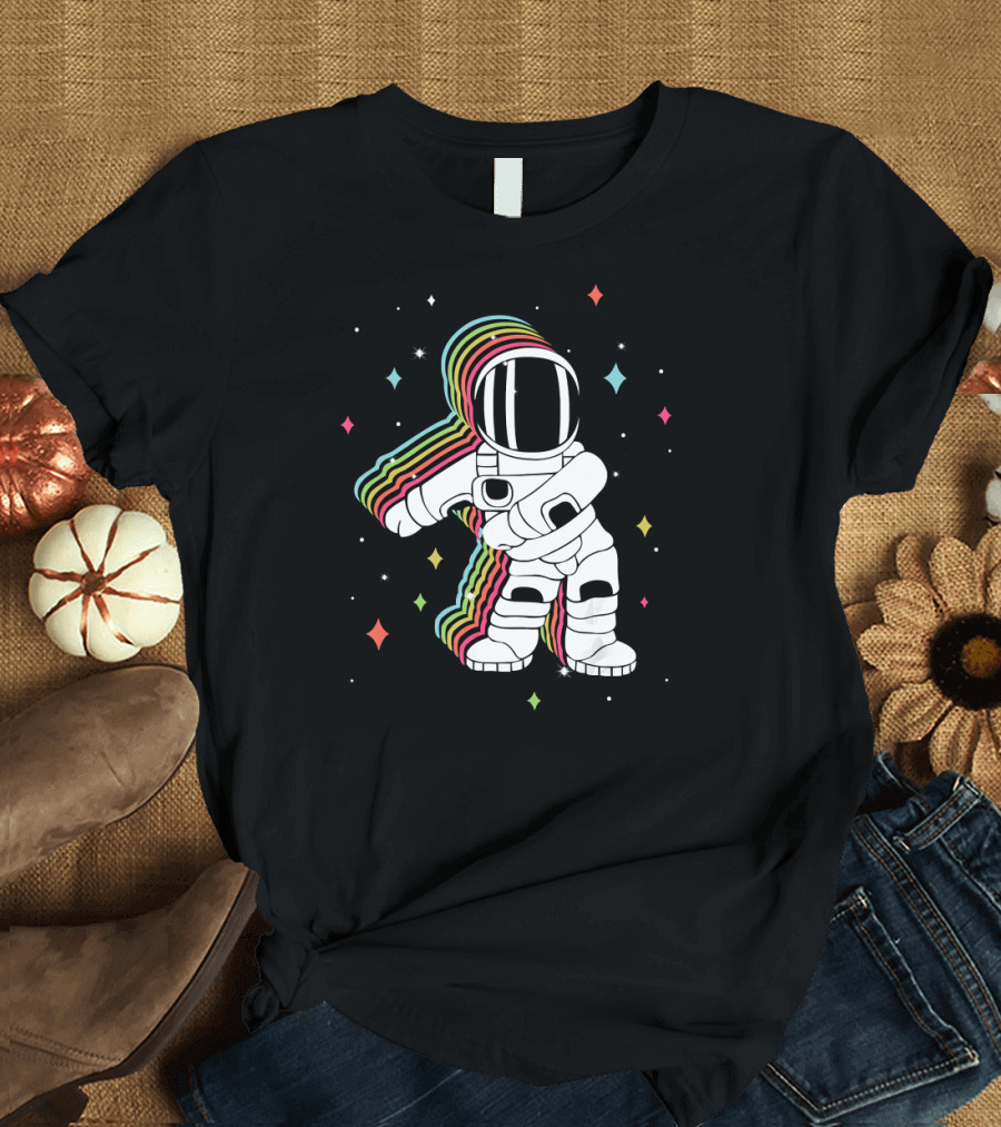 Funny Dabbing Astronaut with Rainbow Halo and Stars T-Shirt