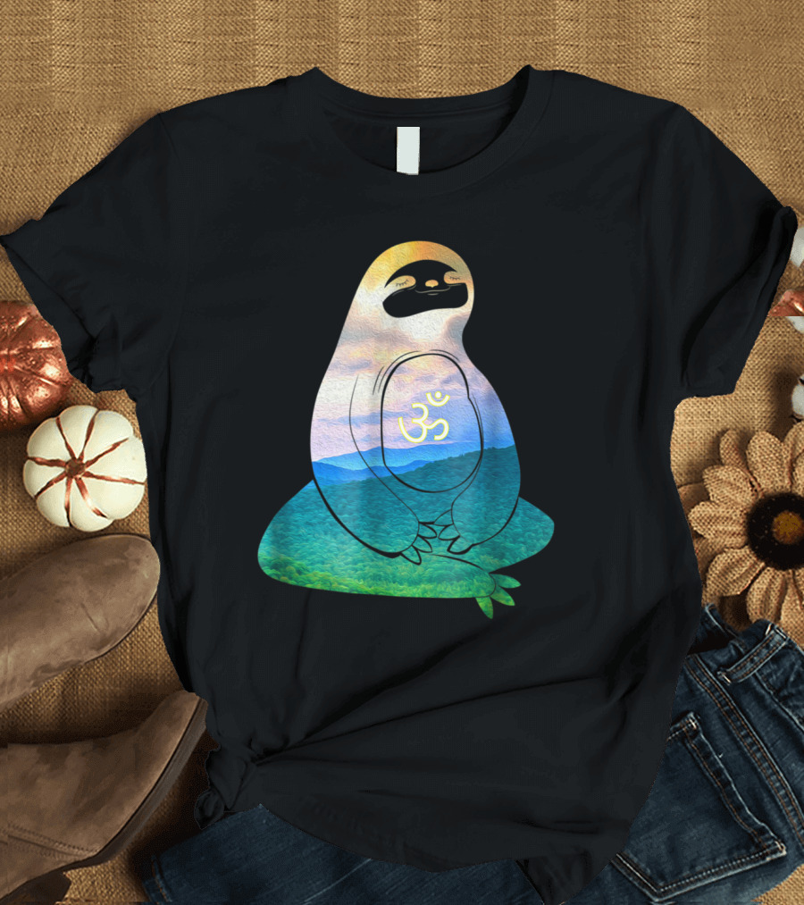 Yoga Meditation Sloth Om Symbol Forest Landscape T-Shirt