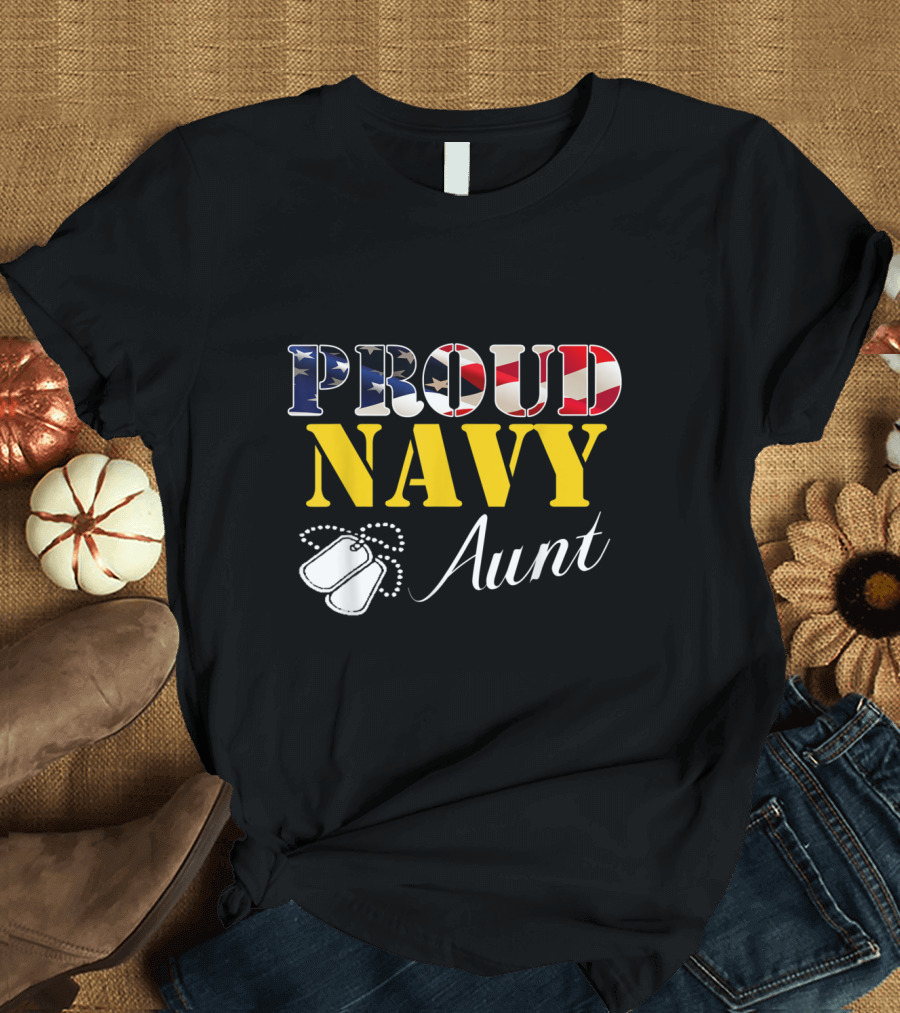 Proud Navy Aunt American Flag with Dog Tags T-Shirt
