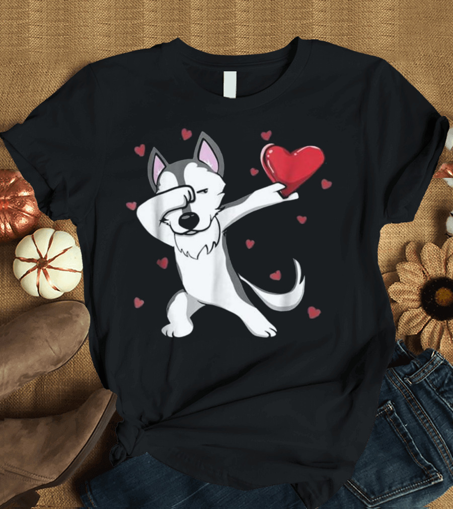 Funny Dabbing Husky Valentine's Heart and Love Dance T-Shirt