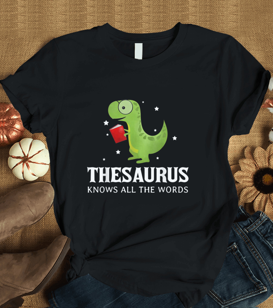 Thesaurus Dinosaur Knows All the Words Pun with Book and Stars T-Shirt