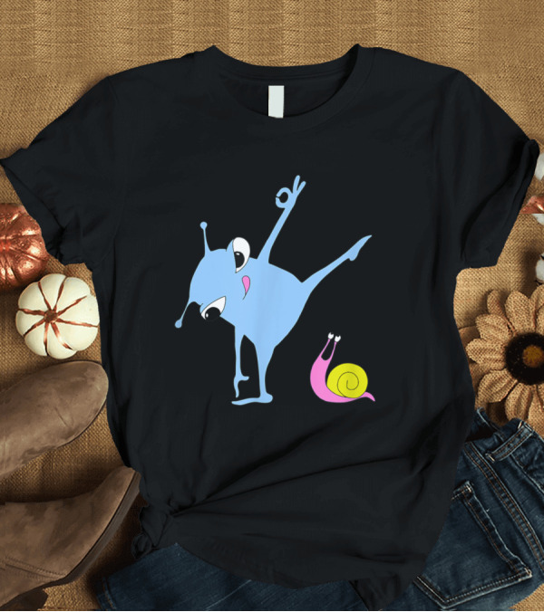 T-Shirt: Yoga Pose with Happy Snail and Cute Blue Alien T-Shirt Yoga Pose with Happy Snail and Cute Blue Alien T-Shirt