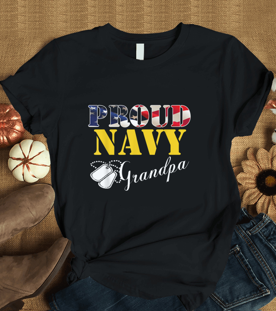 Proud Navy Grandpa American Flag Dog Tags T-Shirt