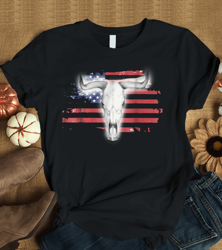 Patriotic Flag Western Style Bull Skull USA T-Shirt