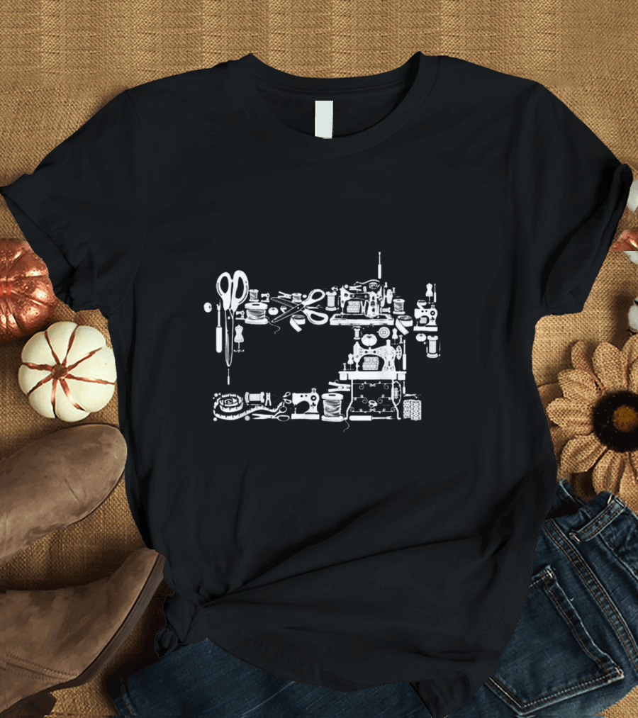 Sewing and Quilting Tools Collage with Scissors and Sewing Machine Outline T-Shirt