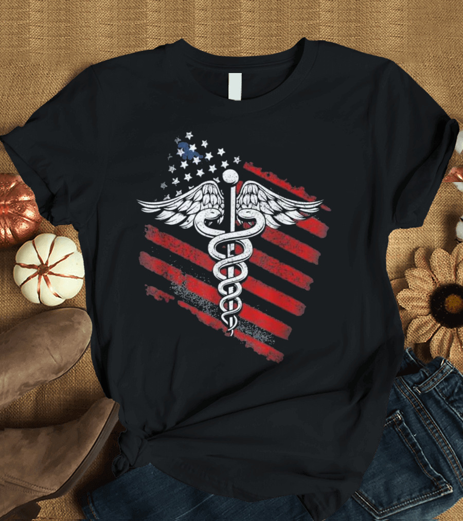 Caduceus American Flag Patriotic Nurse T-Shirt
