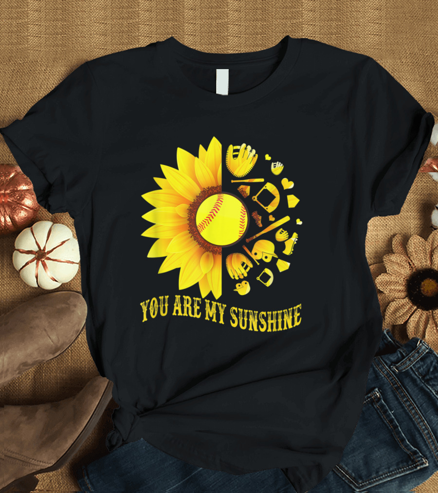 You Are My Sunshine Baseball Softball Fan Sunflower Glove Bat Heart Elements T-Shirt