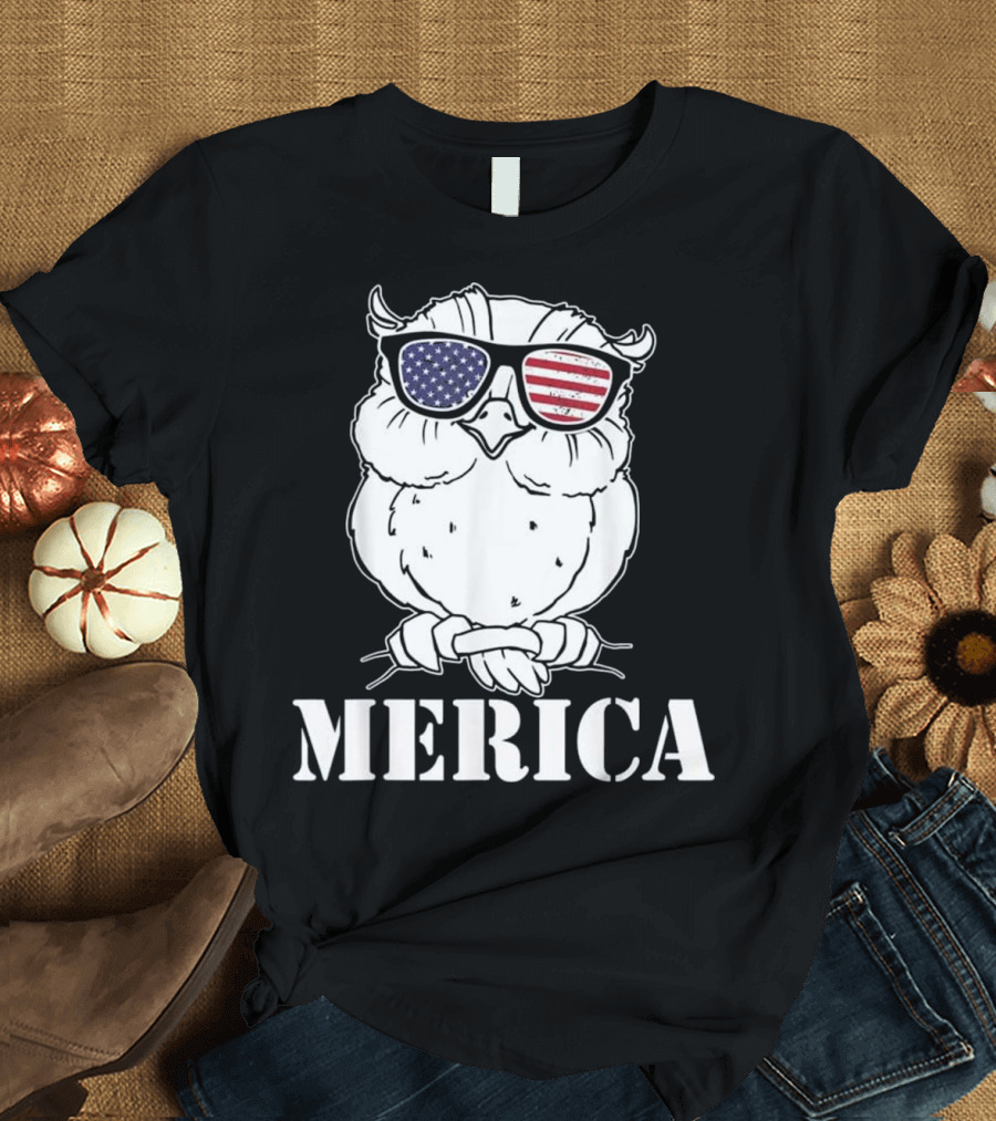 Patriotic Merica Owl with American Flag Sunglasses 4th of July T-Shirt
