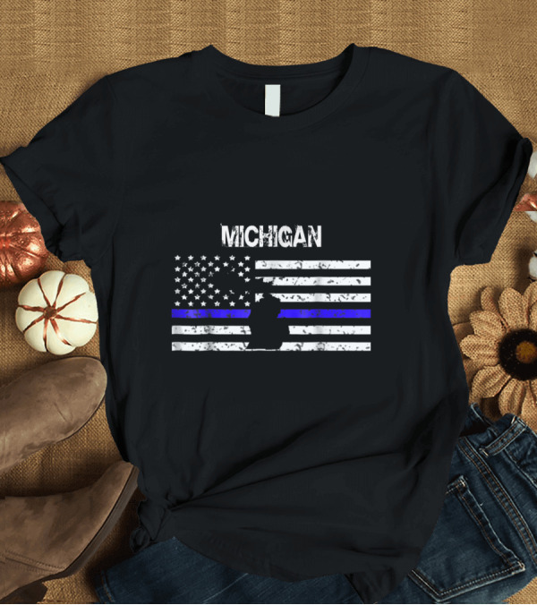 T-Shirt: Thin Blue Line Flag Michigan Police T-Shirt Thin Blue Line Flag Michigan Police T-Shirt