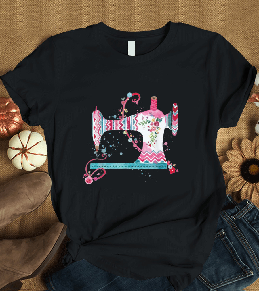 Colorful Sewing Machine with Floral and Chevron Pattern Quilting T-Shirt