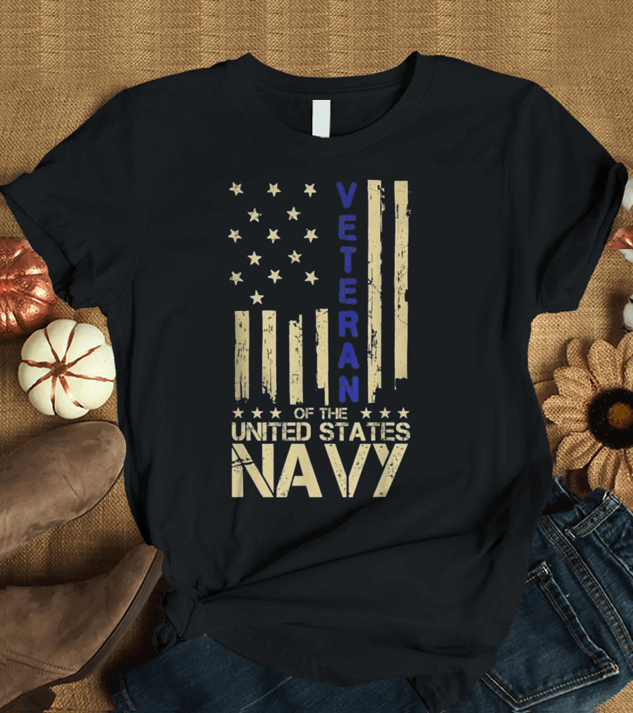 Veteran of the United States Navy American Flag Blue Line T-Shirt