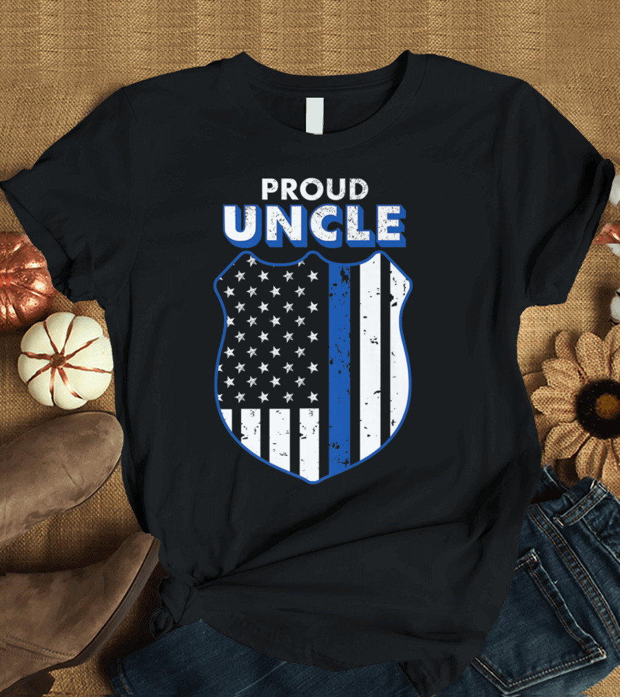 Proud Uncle Thin Blue Line Badge American Flag T-Shirt