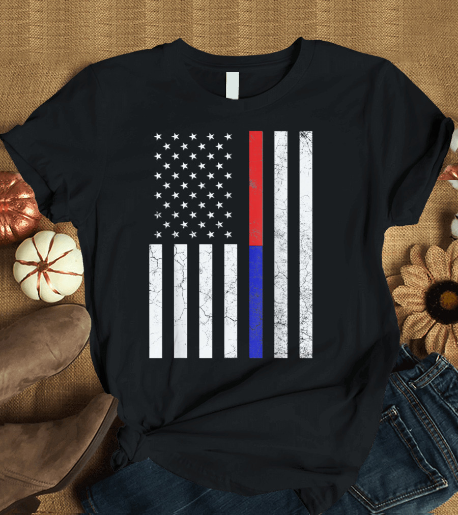 Thin Blue Red Line Police Firefighter Flag Distressed American Flag T-Shirt