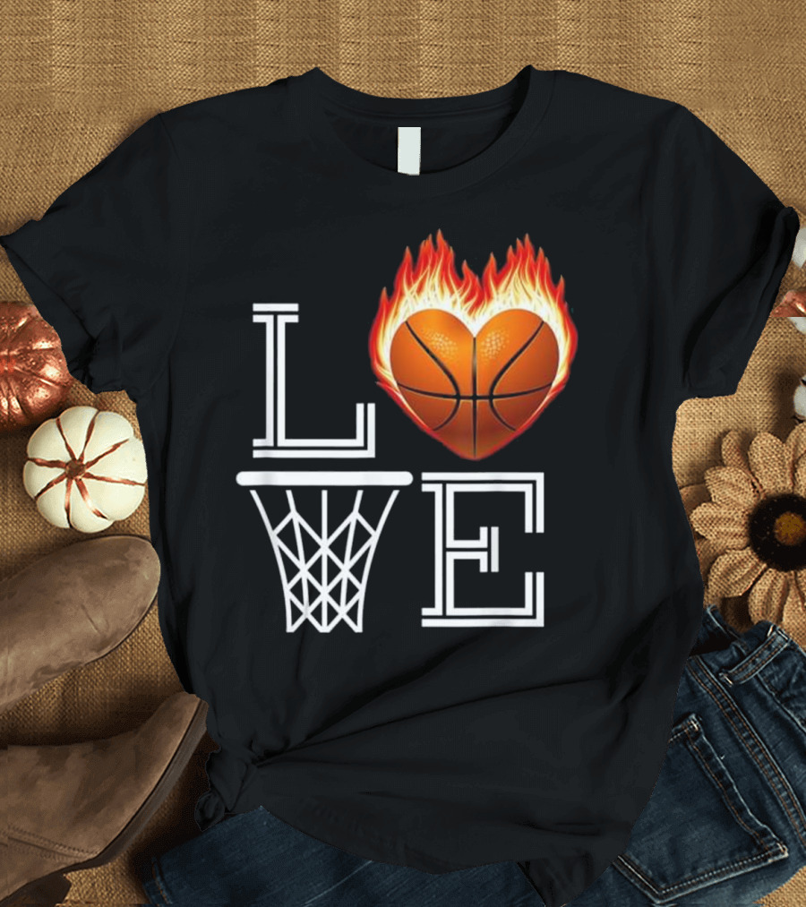 I Love Basketball Heart Flame Mom Life T-Shirt