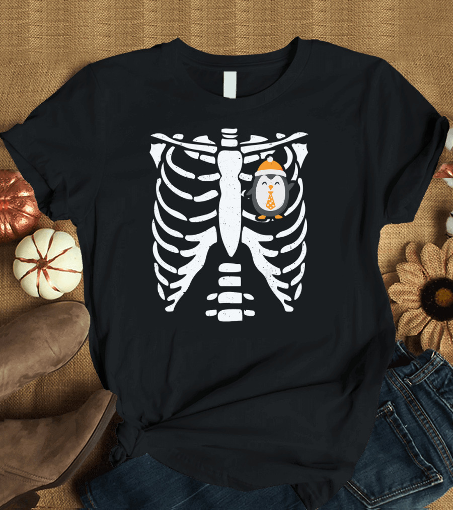 Penguin Halloween Skeleton Bone Costume with Ribcage T-Shirt