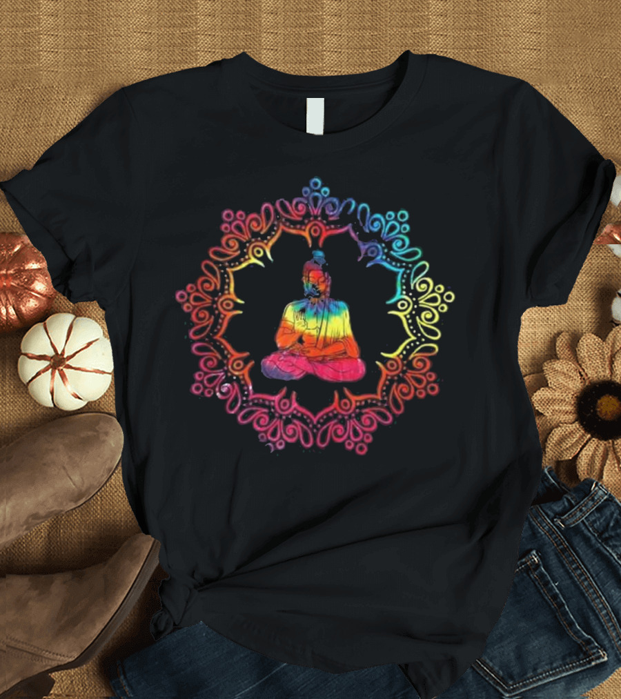 Meditating Buddha in Vibrant Rainbow Tie Dye Mandala T-Shirt