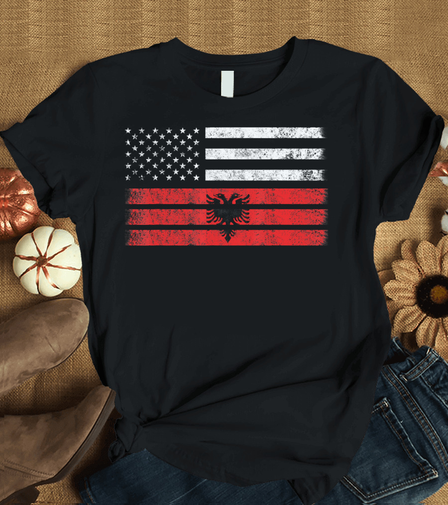 USA and Albania Flag Fusion with Stars and Eagle T-Shirt
