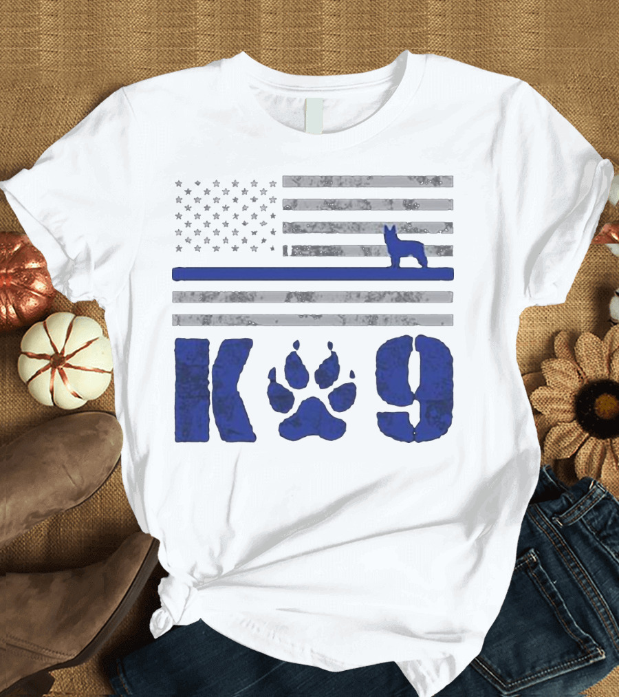 K 9 Police Officer LEO Law Enforcement American Flag Thin Blue Line T-Shirt