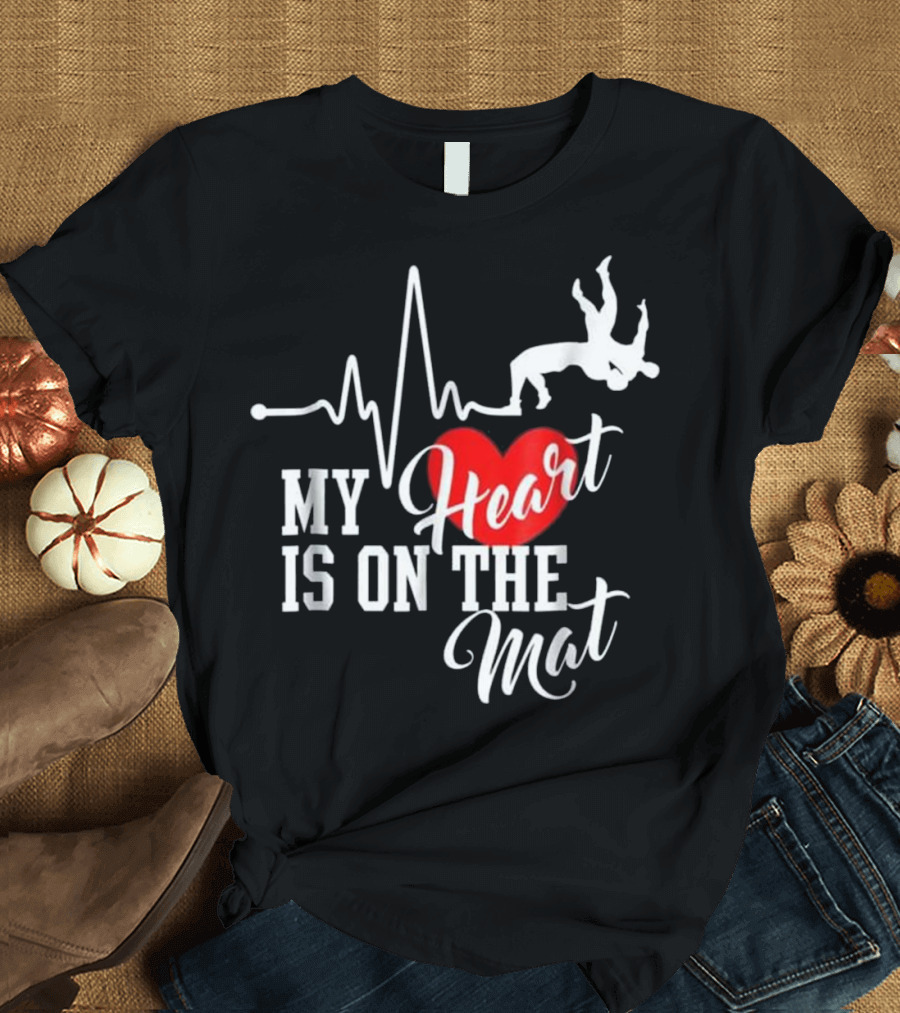 My Heart Is On The Mat Wrestling Silhouette with Heartbeat and Red Heart T-Shirt