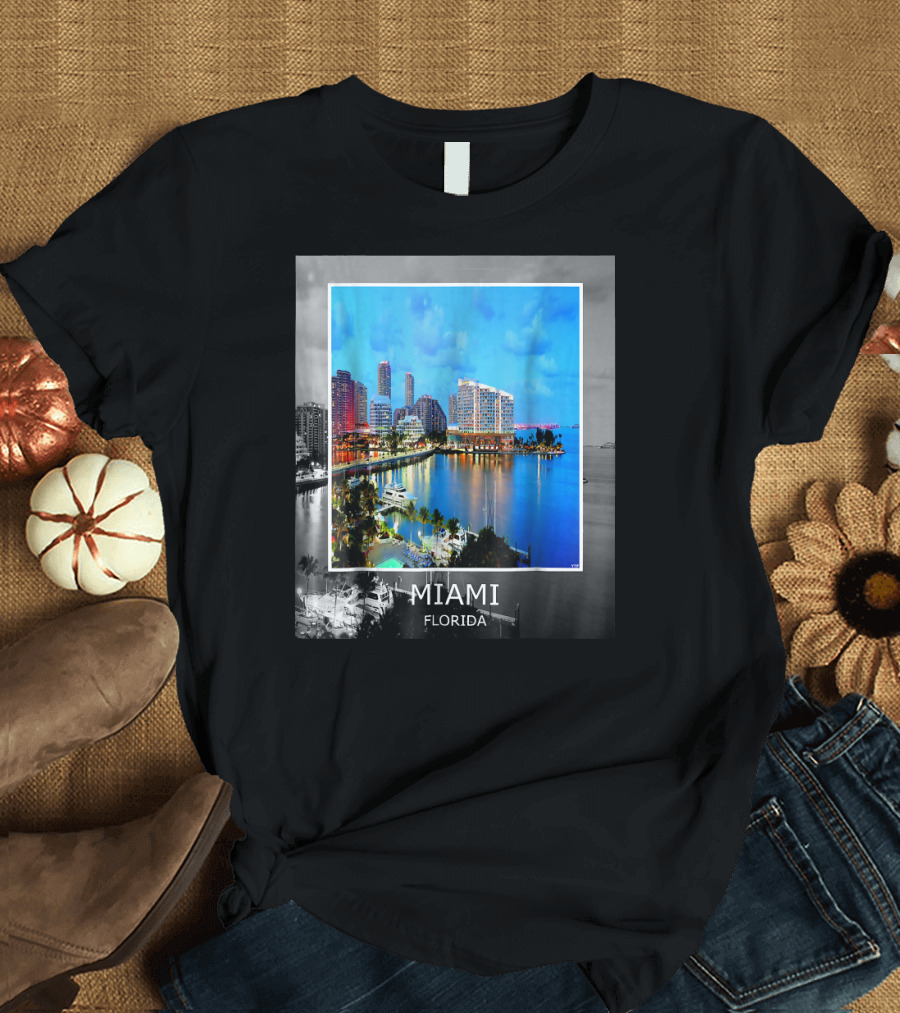 Miami Florida Vibrant Skyline Reflection Summer Cityscape T-Shirt