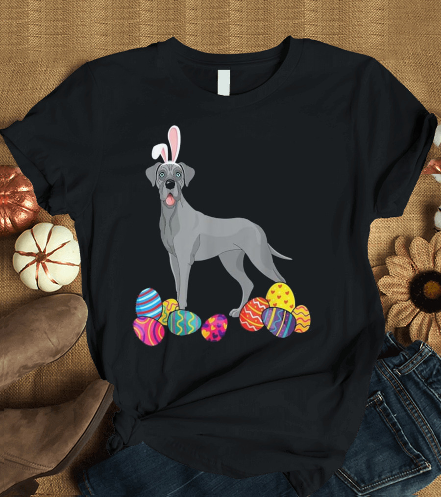 Great Dane Bunny Ears with Colorful Easter Eggs T-Shirt