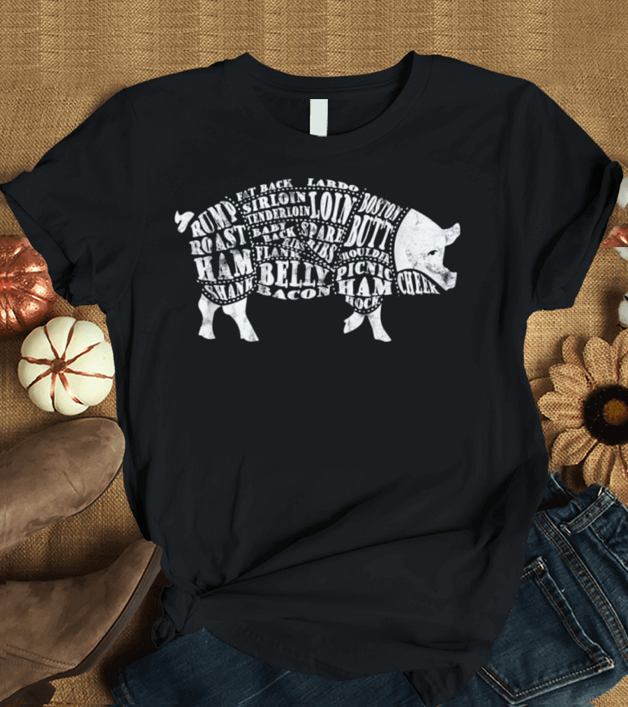 Mens BBQ Pig Cuts Roast Belly Ham Bacon Loin Cheek T-Shirt
