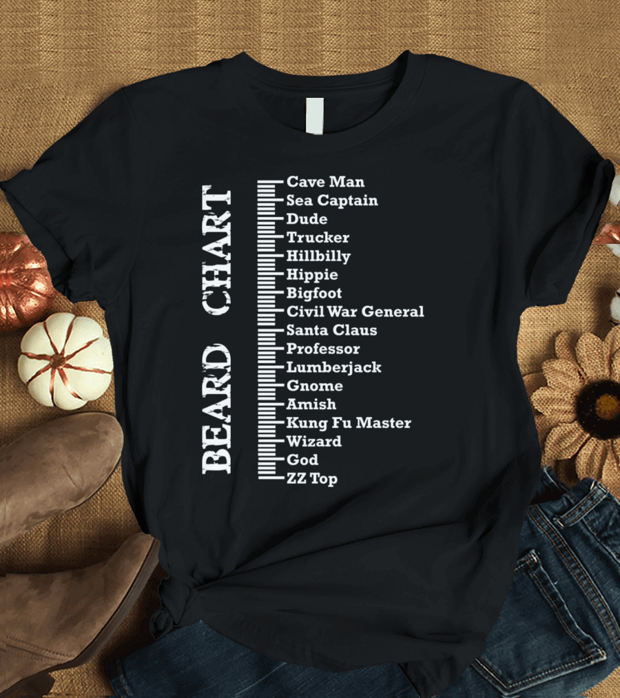 Mens Beard Chart Measurement ZZ Top, God, Wizard, Kung Fu Master, Amish, Gnome, Lumberjack, Professor, Santa Claus T-Shirt
