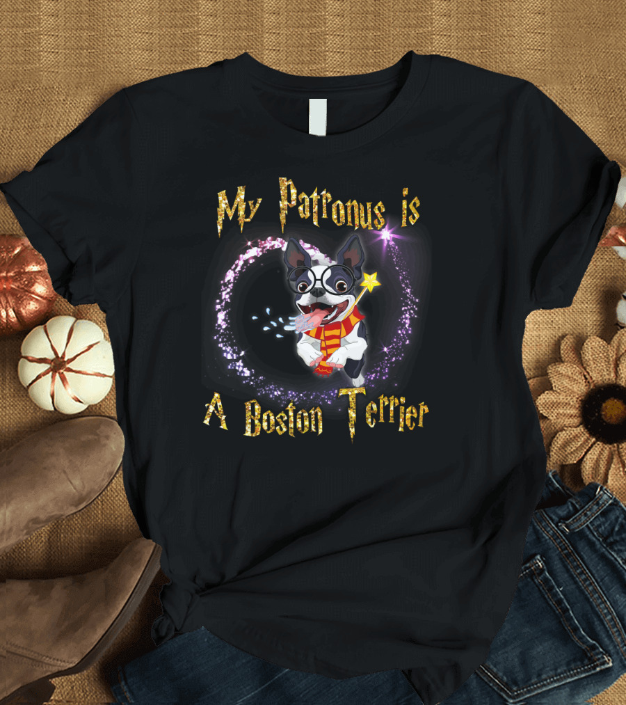 My Patronus Is a Boston Terrier Magic Wand Cute Dog Wizard Circle T-Shirt