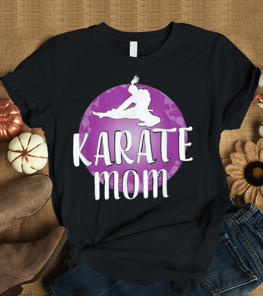 Karate Mom Martial Arts Kick Silhouette on Purple Circle Background T-Shirt