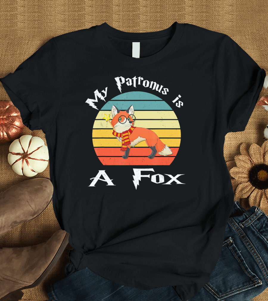 My Patronus Is a Fox Retro Wizard Fox with Scarf and Wand T-Shirt