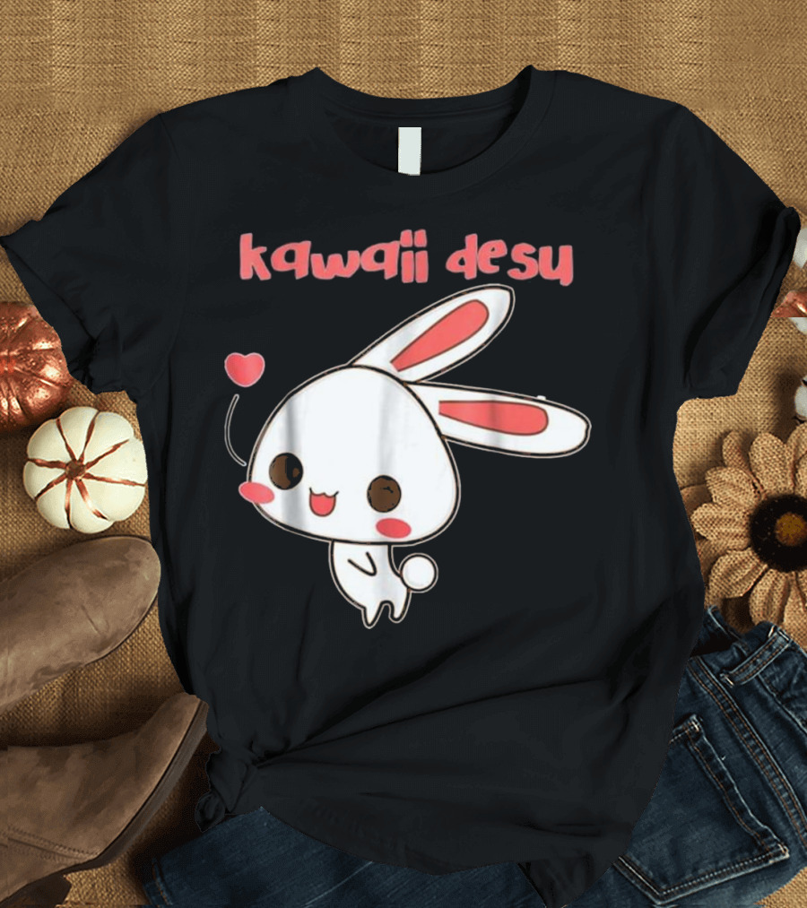 Kawaii Desu Cute Japanese Anime Rabbit with Heart Balloon T-Shirt