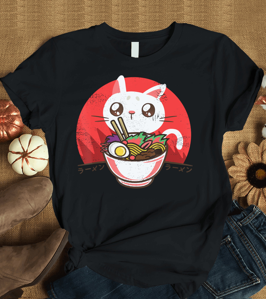 Kawaii Cat Ramen Noodles Anime Japanese Text T-Shirt