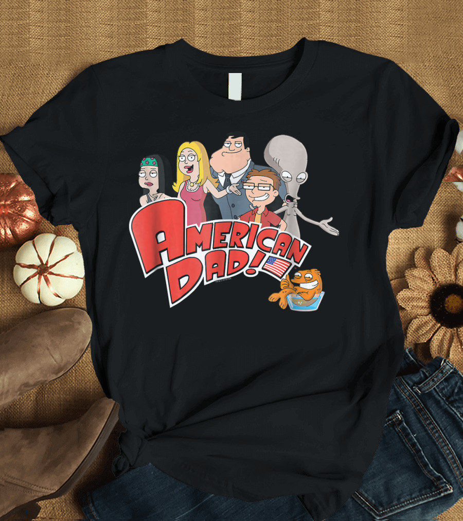 American Dad Characters and Logo with Flag T-Shirt