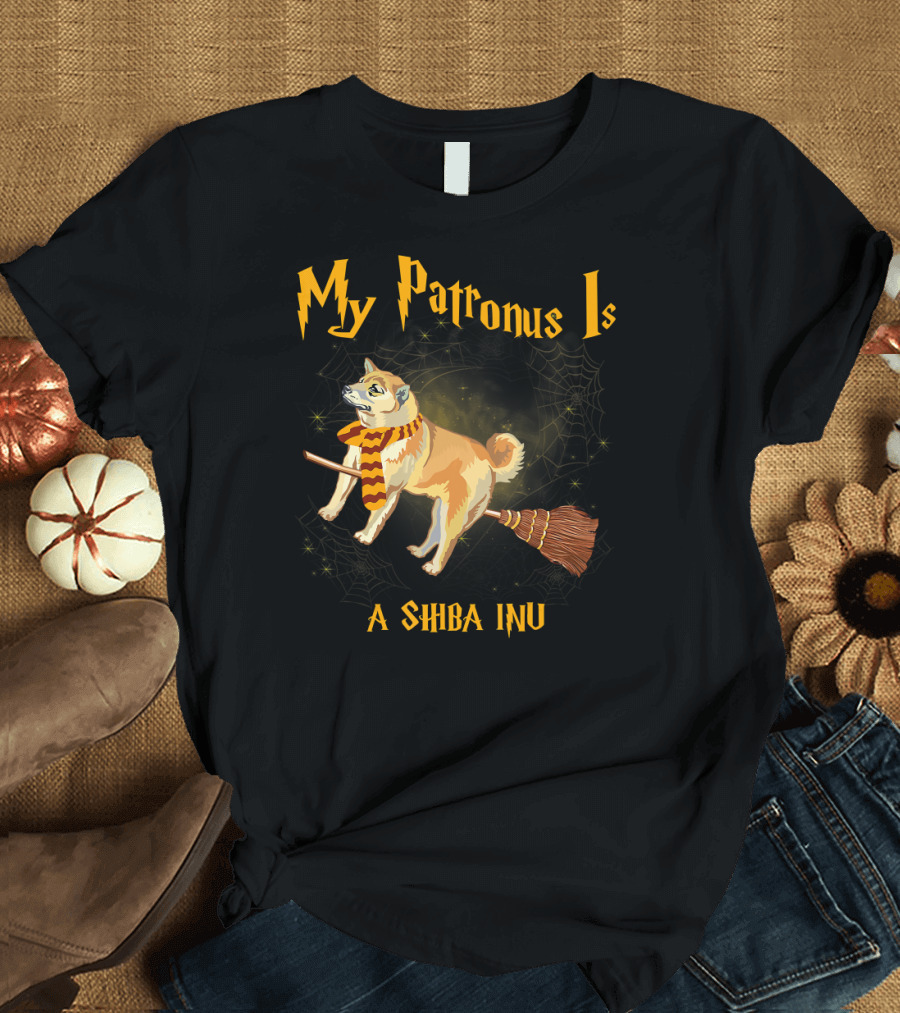 My Patronus Is a Shiba Inu Shiba Inu Dog on Broomstick with Scarf T-Shirt