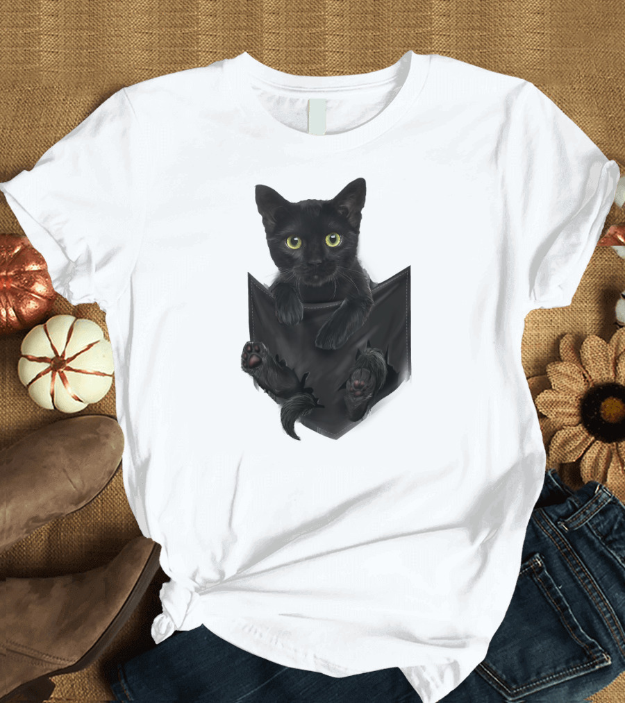 Black Cat Stern in Pocket Cats with Green Eyes Peeking Out T-Shirt