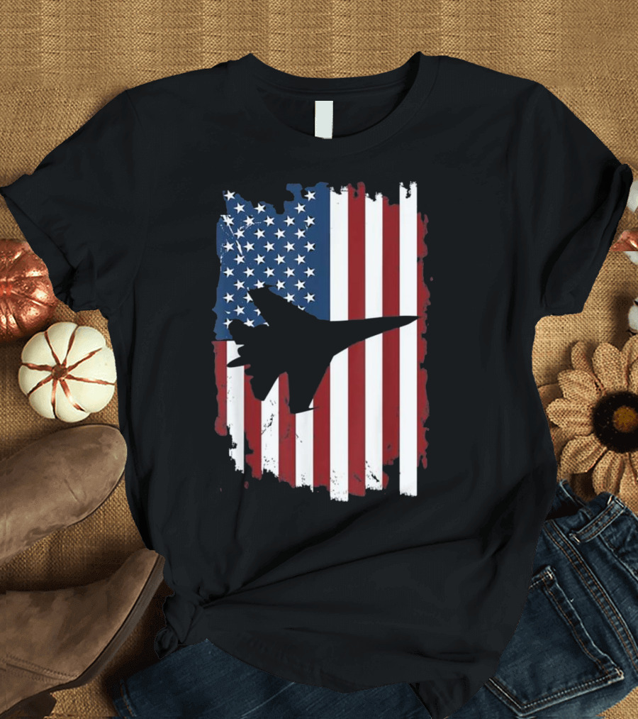 American Flag Fighter Jet Silhouette with Patriotic Air Force T-Shirt