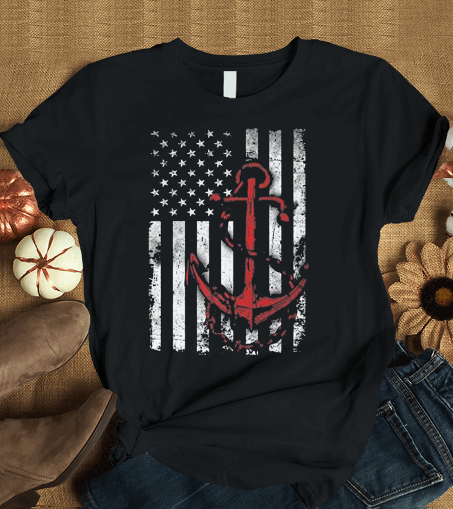 American Flag with Red Anchor Patriotic T-Shirt