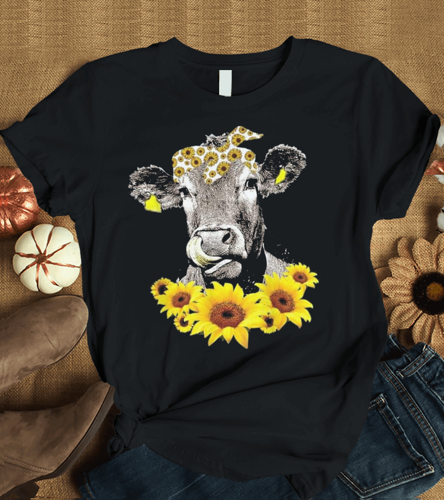 Cow Wearing Sunflower Bandana Surrounded by Sunflowers for Funny Cattle Lover T-Shirt
