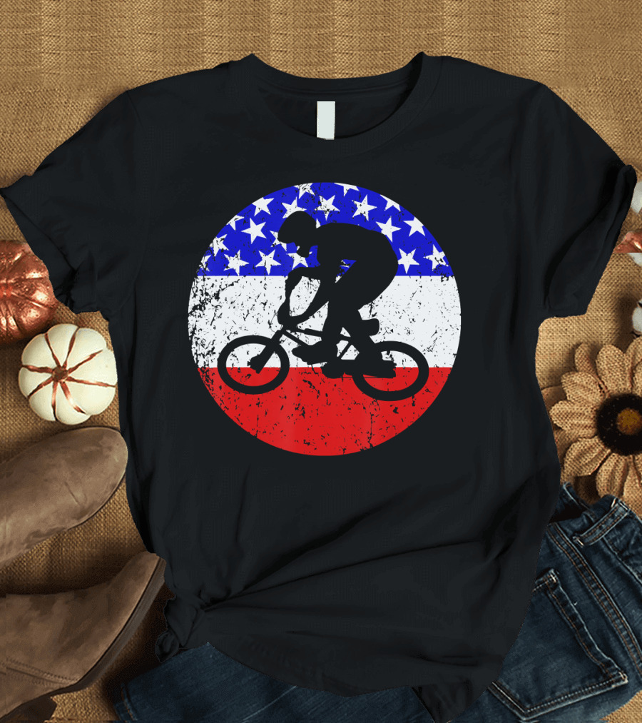 American Flag Vintage BMX Bike Silhouette with Stars and Stripes Circle T-Shirt