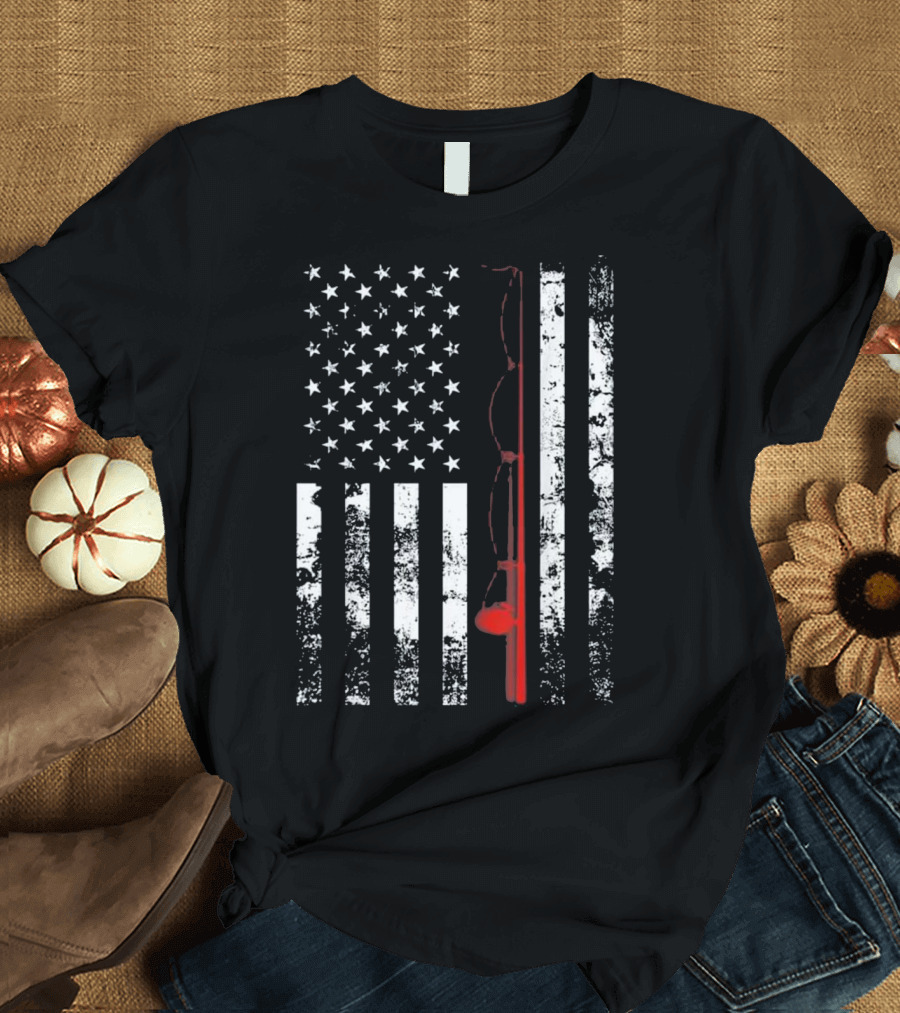 American Flag Fishing Rod USA Patriotic American Flag T-Shirt