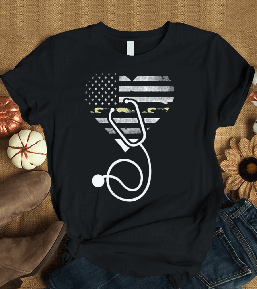 American Flag Heart Camouflage Stethoscope Nurse Military T-Shirt